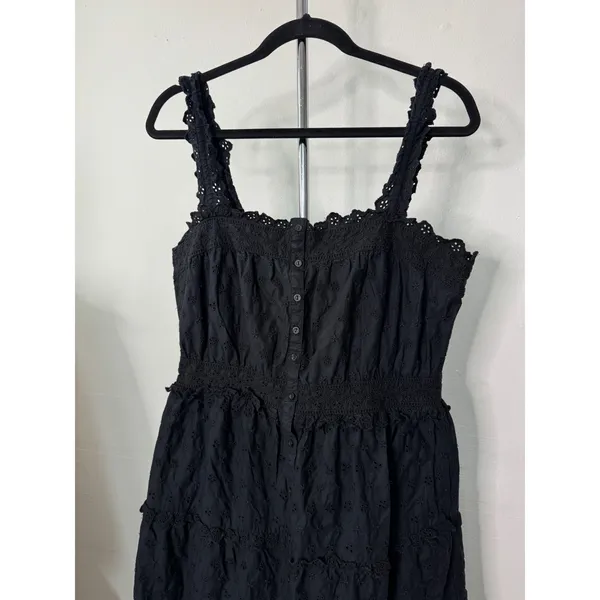 GAP x DOEN Midi Dress Black Cotton Eyelet Tiered Button Front Smocked Waist M - Image 4