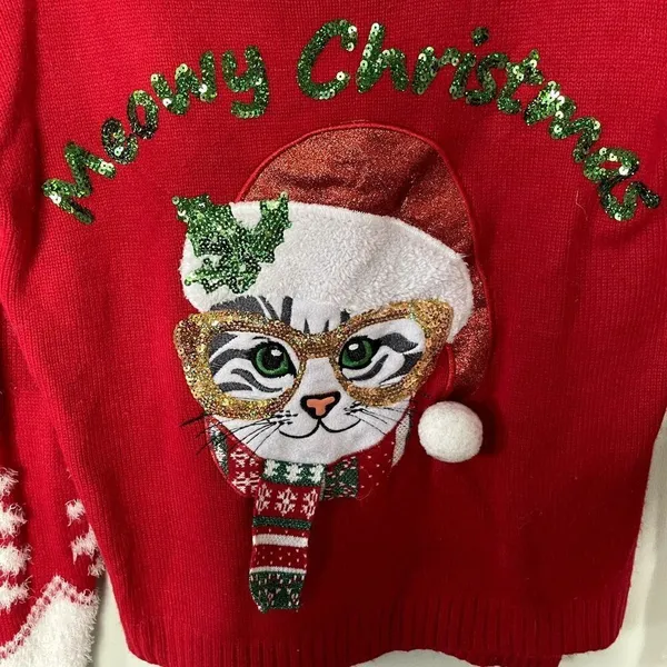 Celebrate Together‎ Meowy Christmas cat design red white knit sweater size L - Image 4