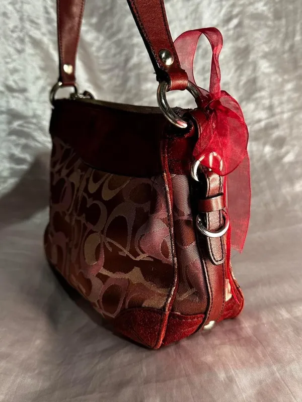 Vintage Y2K Coach Signature Burgundy Optic Suede Shoulder Bag - Image 2