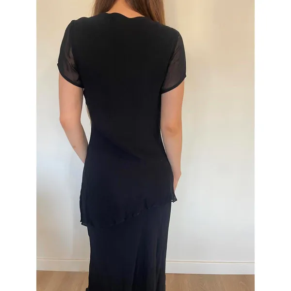 Vintage Tiered Black Mesh Lettuce Trim Floral Sparkly Maxi Dress - Image 6