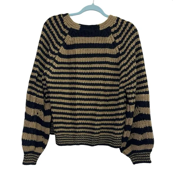 Lush Clothing Striped Cropped Cardigan Large Chunky Knit Tan Black‎ Button Boho Cozy - Image 3