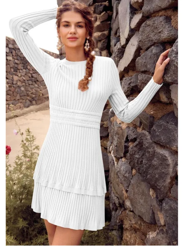 NEW Long Sleeve Sweater Dress Ribbed Knit Crewneck A Line L - Image 5