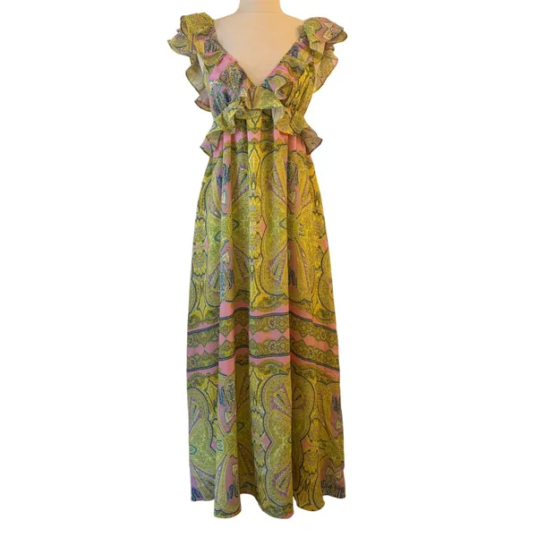 A Loves A Maxi Dress M Boho Ruffle Tie Back Cutout Paisley Wedding Resort‎ NWT - Image 2