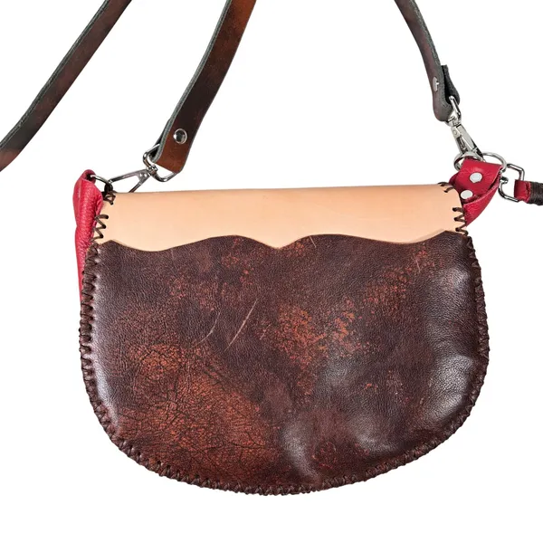 Handcrafted Tooled Leather Feather‎ Crossbody Bag Red Tan Whipstitch Boho Purse - Image 4