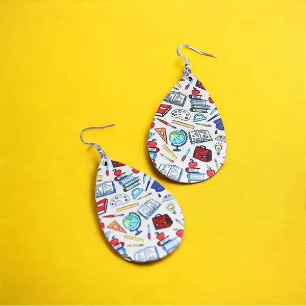 Teacher School Theme Waterdrop‎ Shaped Double-sided Print Wooden Earrings - Image 5