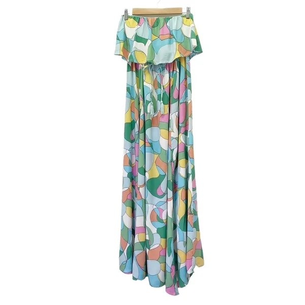 Japna Strapless Flounce Top Summer Maxi Dress Retro Aqua & Pink Print Size Small - Image 4