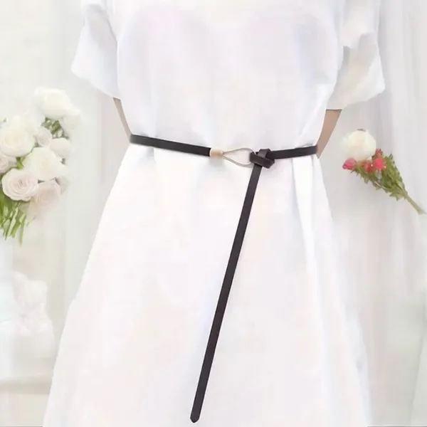 Black Trendy Knotted Skinny Thin Belt For Women Classic Solid Color Faux Leather - Image 9