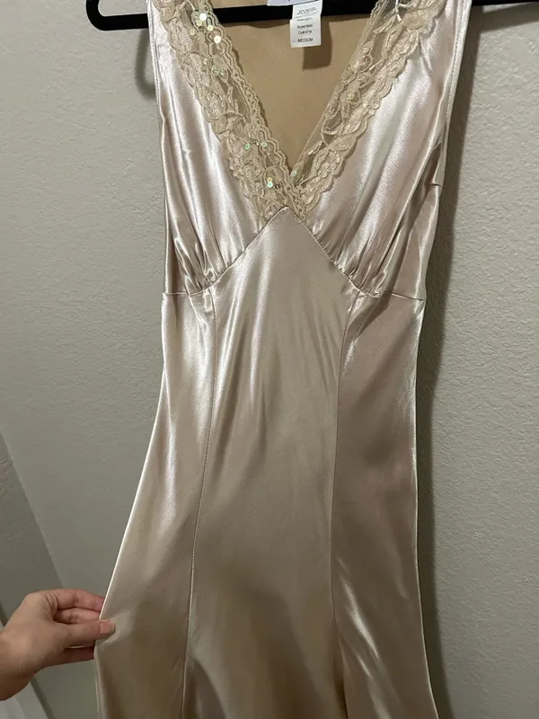 American Vintage Y2K Champagne Satin Lace & Sequin Bust Panel Dress Fairycore Coquette Nymphcore - Image 4