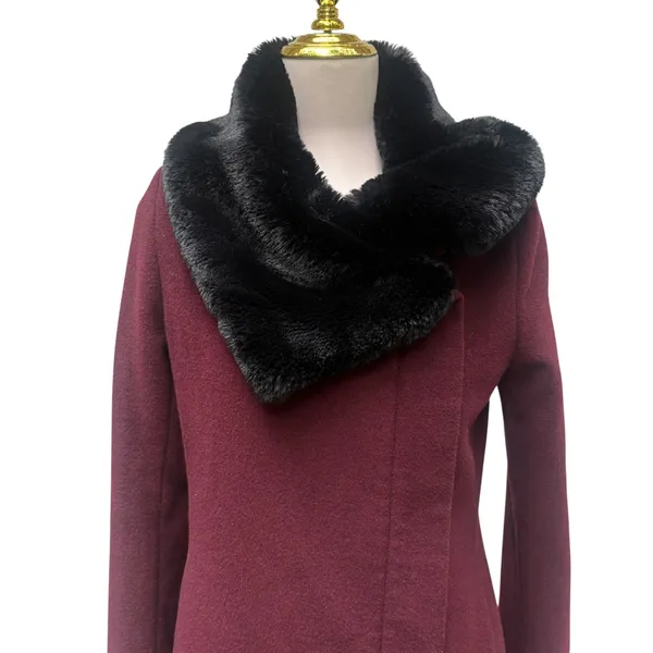 DKNY Wool Cashmere Blend Coat 4 Burgundy Faux Fur Collar Zip‎ Timeless Classy - Image 3