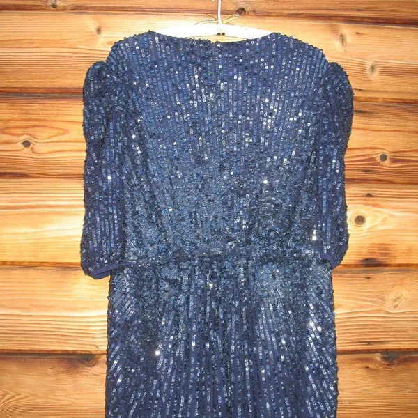Mac Duggal 5578 Womens Sequined V Neck Short Puff Sleeve Midi Dress - Image 12