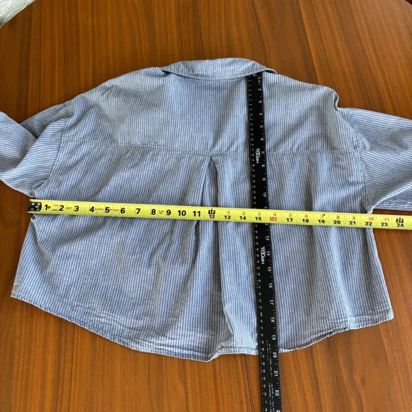 Kou Yuan Striped Button Down Shirt M Blue Pinstripe Cropped Academia Preppy Fall - Image 7