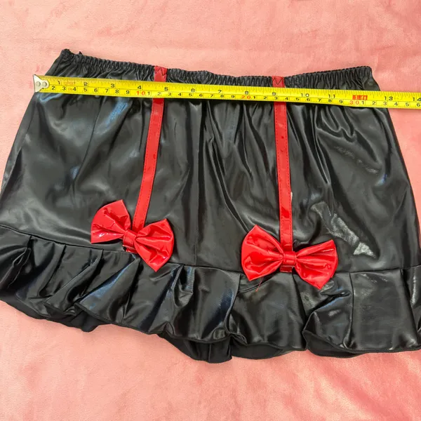 Y2K Black Faux Leather Lingerie Set w/ Red Bow Details – Cute Coquette Mini Skirt + Bra + Thong XS/S💋✨ - Image 5