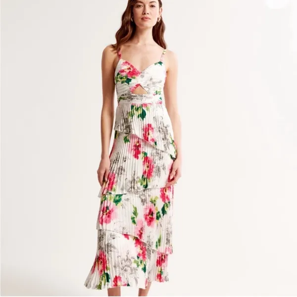 NWT Abercrombie & Fitch A&F Giselle Pleated Tiered Maxi Dress Satin White Floral - Image 2