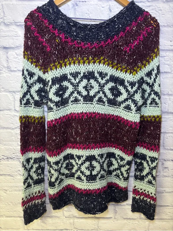 Free People Reed Fair Isle Print Chunk Knit Sweater Wool Linen Alpaca Medium - Image 8