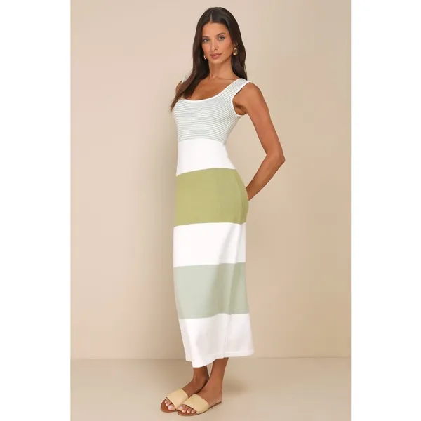 NWT Lulus Easily Gorgeous Ivory and Sage Striped Midi Sweater Dress Casual Sz XL - Image 3