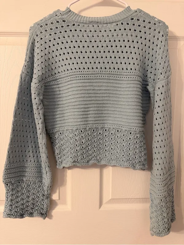 NWOT Francesca's Collections Pastel Blue Crochet-Textured Crew Sweater - Image 3