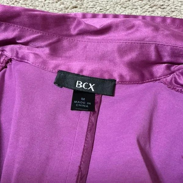 BCX Double Breasted Belted Trench Coat Jacket‎ Women's Size M Purple Satin Look - Image 4