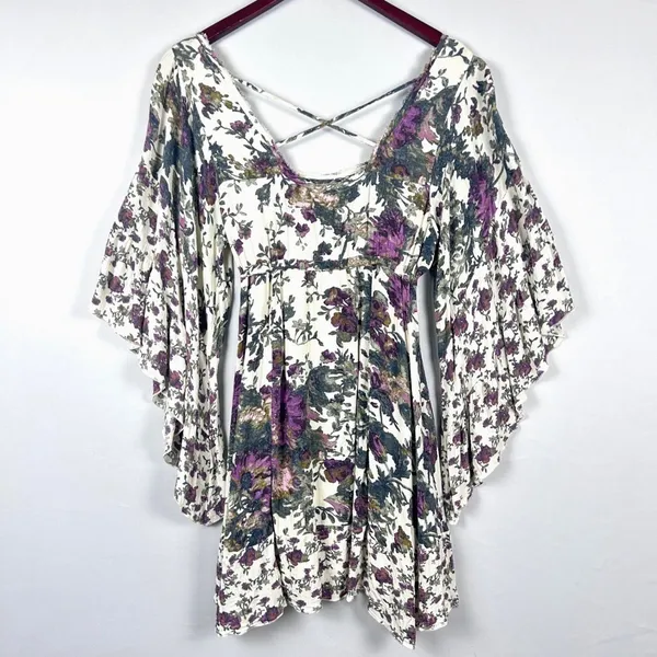 Free People Heart of‎ Gold Dress M Moody Floral Bell Sleeve Boho Whimsigoth Mini - Image 5