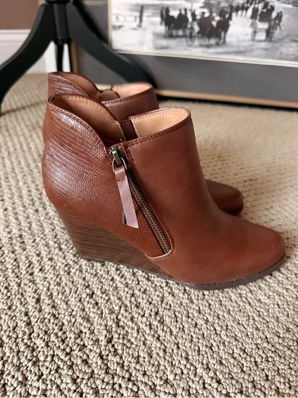 new directions Cognac Brown Vegan Leather Ankle Wedge Booties with Side Zip - Image 5