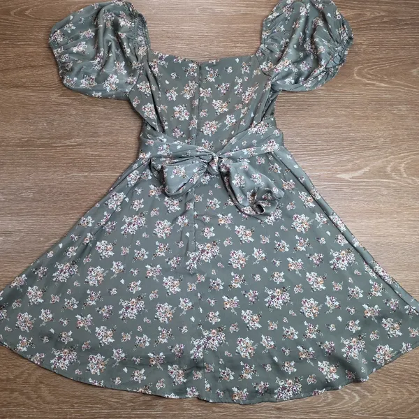 Altar'd State Dress Women S Sage Floral Puff Sleeve Mini Tie Back Cottagecore - Image 4