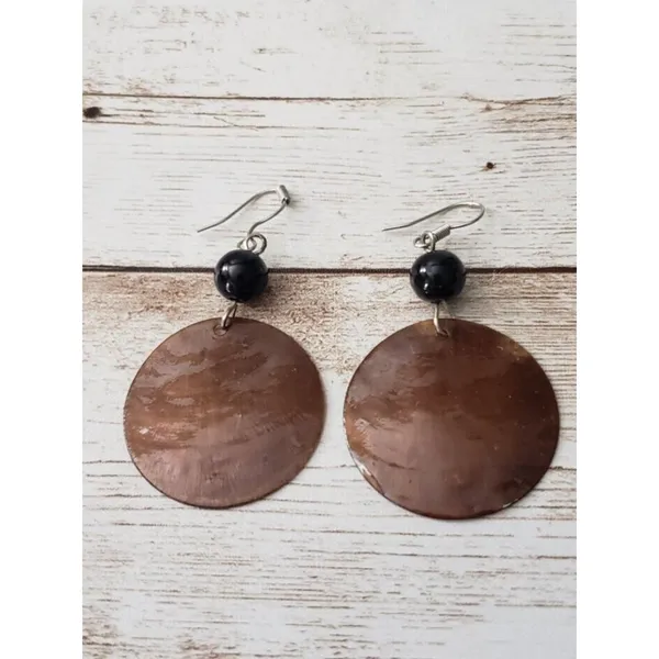 Brown Circle with Black Bead Dangle Hook - Earrings for Pierced Ears - Image 2