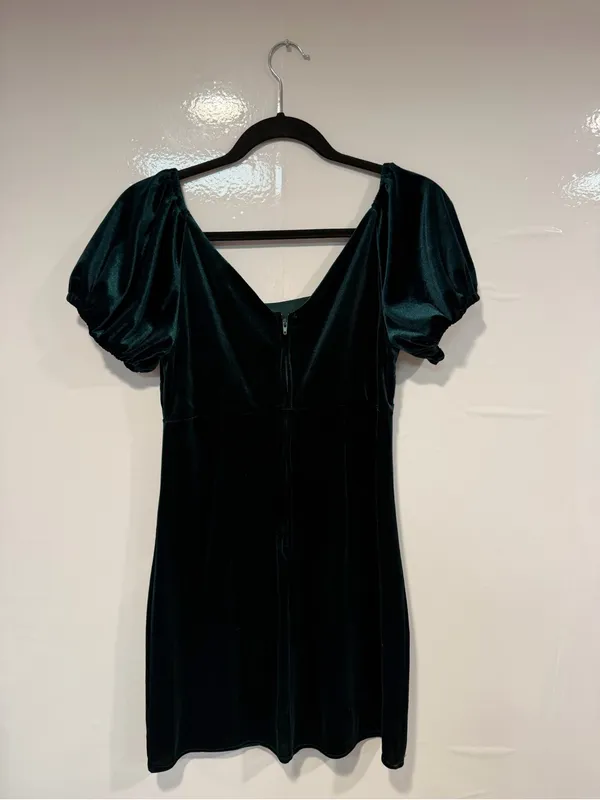 Velvet Puff-Sleeve Mini Dress in Deep Green by Altar’d State - Image 3