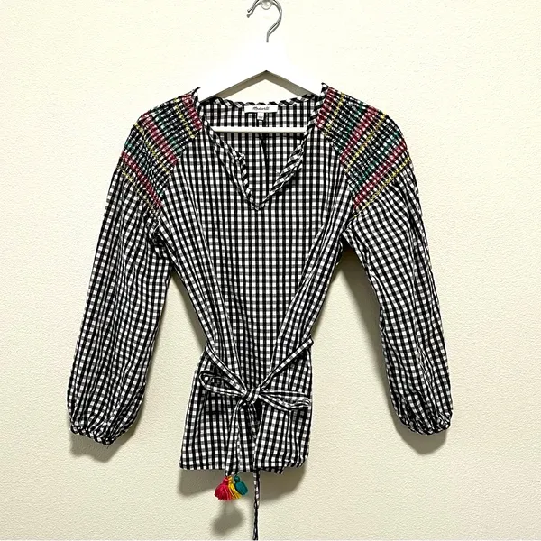 Madewell Smocked Black & White Checkered Gingham Tassel Top with Embroidery S - Image 8