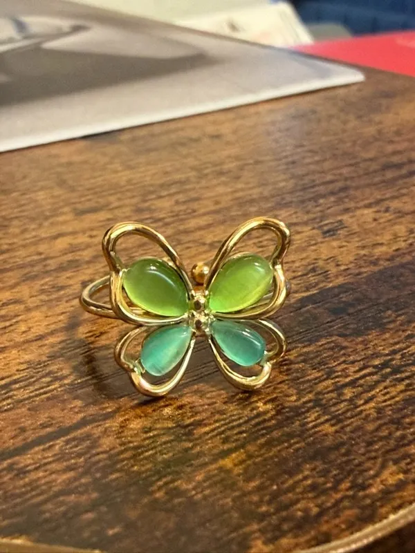 Gold Plated Colorful Butterfly Adjustable Ring Green Blue Stones Statement Jewel - Image 2