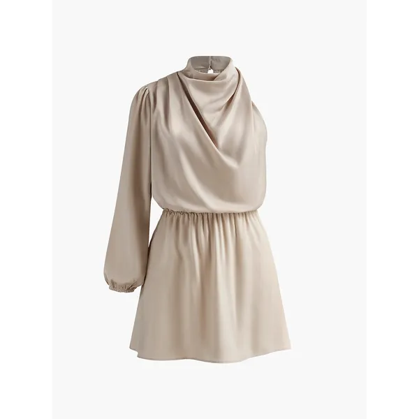 Commense Satin Elegant Asymmetrical One Sleeve Pleated Draped Dress Apricot S - Image 3