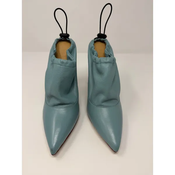 YEVRAH Light Blue Leather Ruched Toggle Pointed Toe Wood Block Heels Size 38 - Image 2