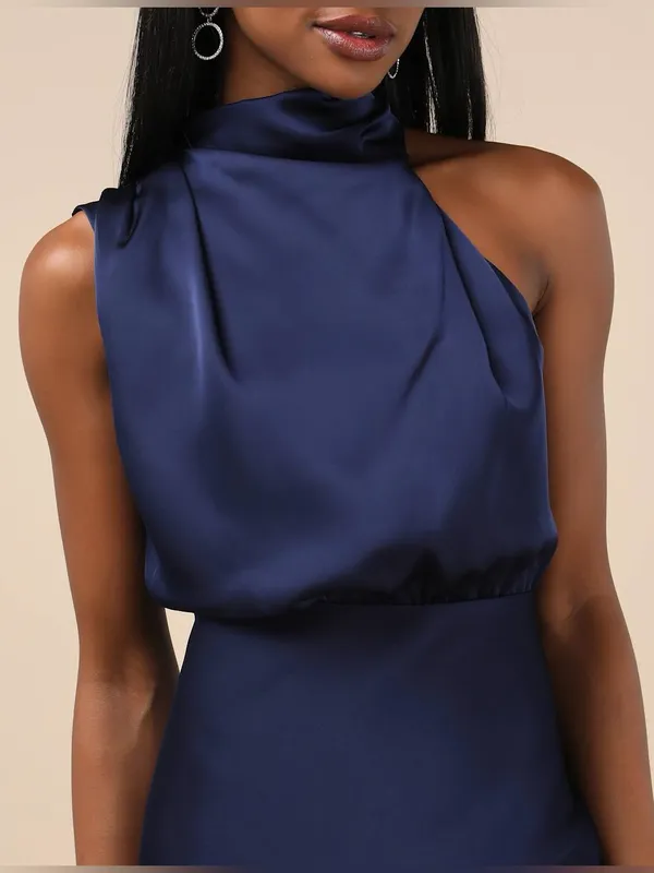 LULU’S Distinctive Charm Navy Satin Asymmetrical Midi Dress - Image 6