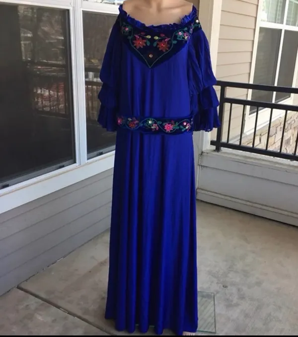 Orizon Fashion galabiya dress Off-Shoulder Royal Blue Embroidered Maxi Dress - Image 3