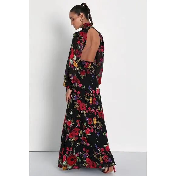 NWOT Lulus Graceful Arrival Black Floral Burnout Backless Maxi Dress Wedding M - Image 2