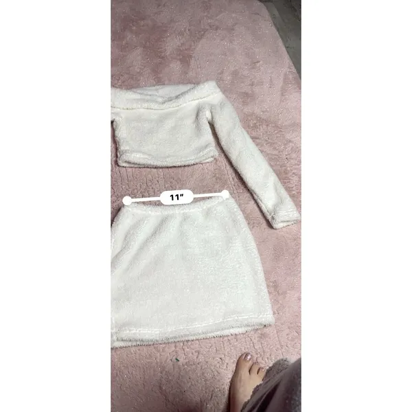 Hot 2Pcs Women Plush‎ Faux Fur Tops Short Warm Blouse Skirt Suit Size M Bin12 - Image 6