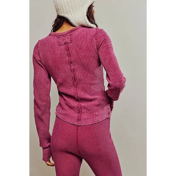 Free People Women Cotton Roll With It Thermal Small Pink Waffle Knit Soft Grunge - Image 3