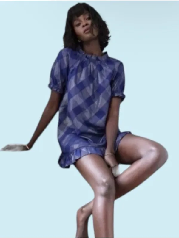 Hill House Katherine Iridescent Blue Plaid Ruffle-Hem Mini Dress — Size M - Image 2
