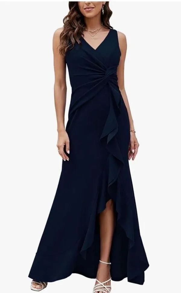 NEW Blue Evening Gown Formal Elegant V Neck Split Wrap S - Image 2