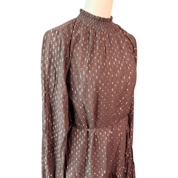 Gap Womens Brown Metallic Clip Dot Smocked High Neck Tiered Mini Dress Small NEW - Image 2