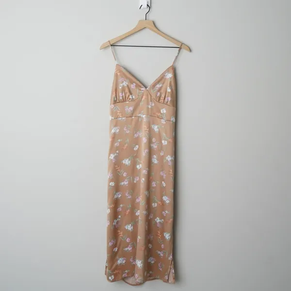 Pink Rose Floral Midi Dress Slit Side Open Tie Bow Back Spaghetti Strap Spring L - Image 3