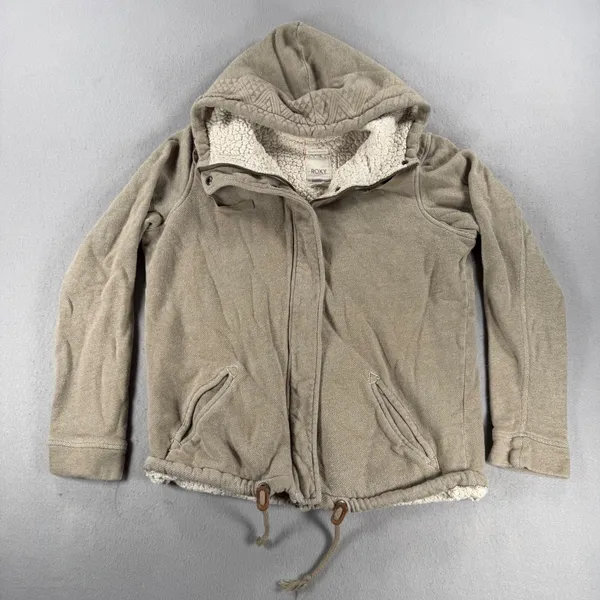 Y2K Roxy Beautiful Adventure Sherpa Lined Full Zip Hoodie Tan Khaki Womens Large - Image 2