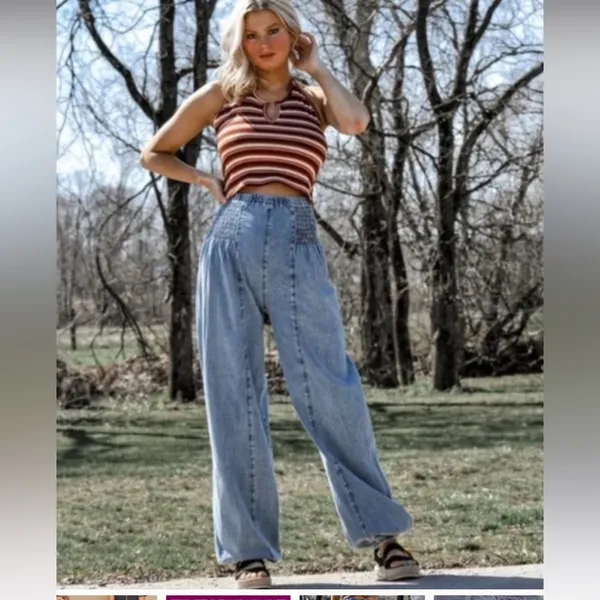 POL HAREM PANTS denim spring boho sold out elastic waist casual classic $98 fall - Image 2