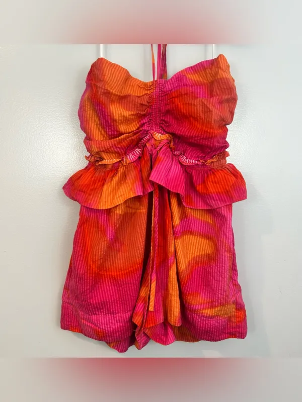 Circus NY Elyse Halter Pink/Orange Sleeveless Ruffle Mini Romper Size Medium Pink - Image 3