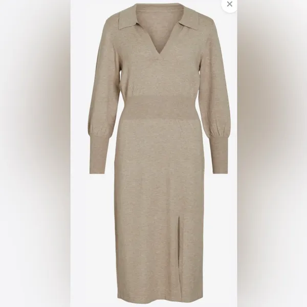 NICHOLAS Jade Midi Wool & Cotton Collared V Neck Long sleeve dress Oat Size‎ XS - Image 3