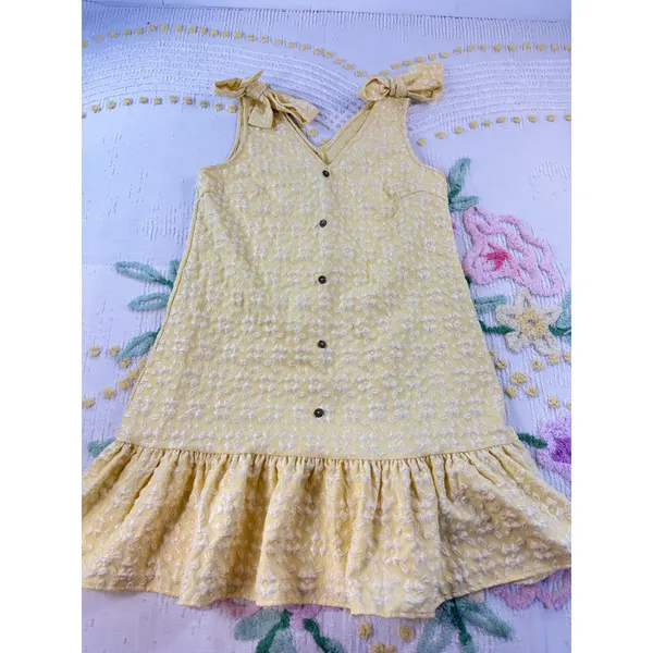 SHEIN Yellow‎ Textured Floral Tie Shoulder Ruffle Hem Mini Dress Size 6 M - Image 3