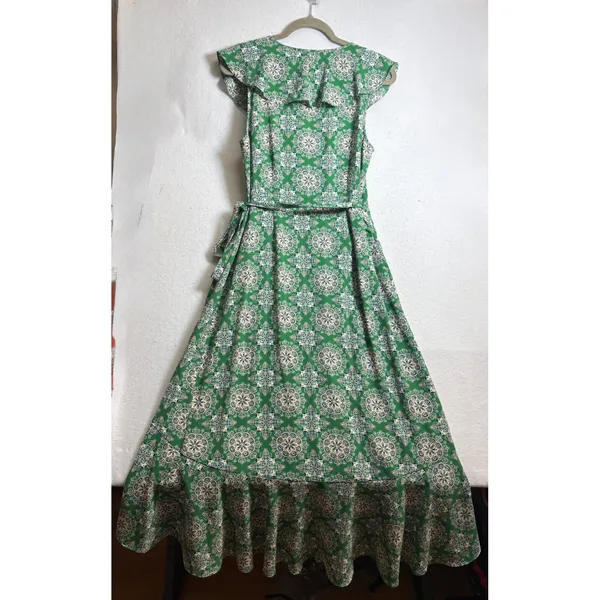 Max Studio Green Mandala Print Ruffle Faux Wrap Maxi Dress Large - Image 3