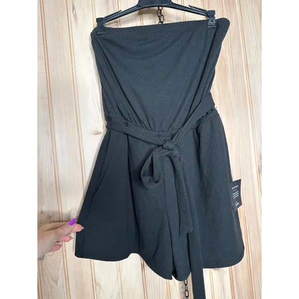 NWT Lulus Leisurely Moments Black Ribbed Knit Strapless Lounge Romper Casual M - Image 2