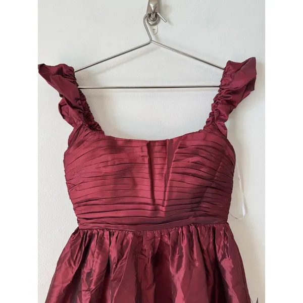 NWT Lulus Poised Passion Wine Red Taffeta Pleated Ruffled Midi Dress Size Small - Image 5