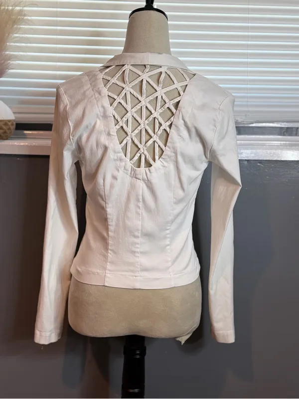 Dots White Open Back Lattice Blazer Jacket Y2K Office Siren Coquette Size M - Image 9