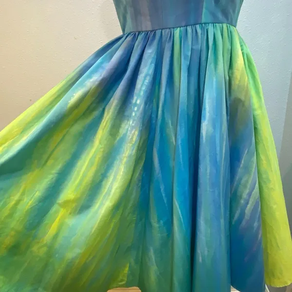 Vintage‎ Handmade Halter Dress Blue Green Watercolor Fit and Flare Fairy Dress 4 - Image 2