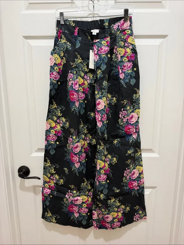 Maeve by Anthropologie Avery Black Floral Rose Wide-Leg Pants Linen Trousers XS - Image 2